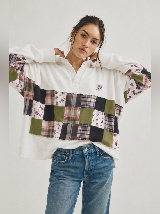 BDG Tops - BDG Patchwork Plaid Oversized Rugby Shirt Cream Medium